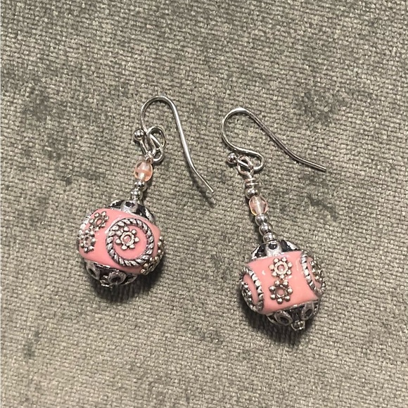 🎁 Sale! Cute Pink and Silver Earrings. Unique Gift Vintage Kashmiri - Picture 2 of 3